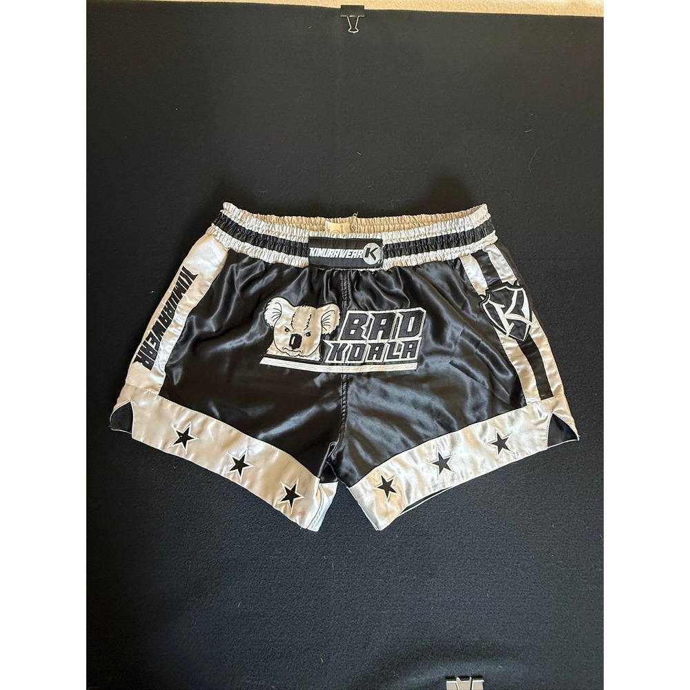 KIMURAWEAR Bad Koala Muay Thai Shorts Mens Large Black Silver Good Satin Stars